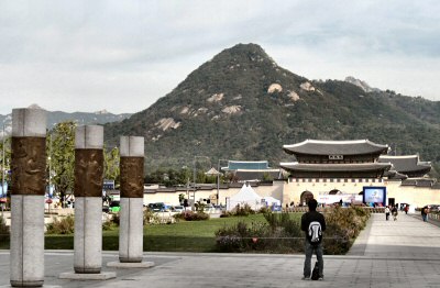 Gyeongbokgung Palace in Seoul in the Foreground. The Blue House (Presidential Residence) is in the Background