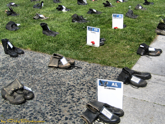 Empty Boots Iraq War Memorial, San Francisco.  A City Birds digital photo.