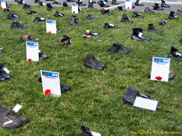 Empty Boots Iraq War Memorial, San Francisco.  A City Birds digital photo.