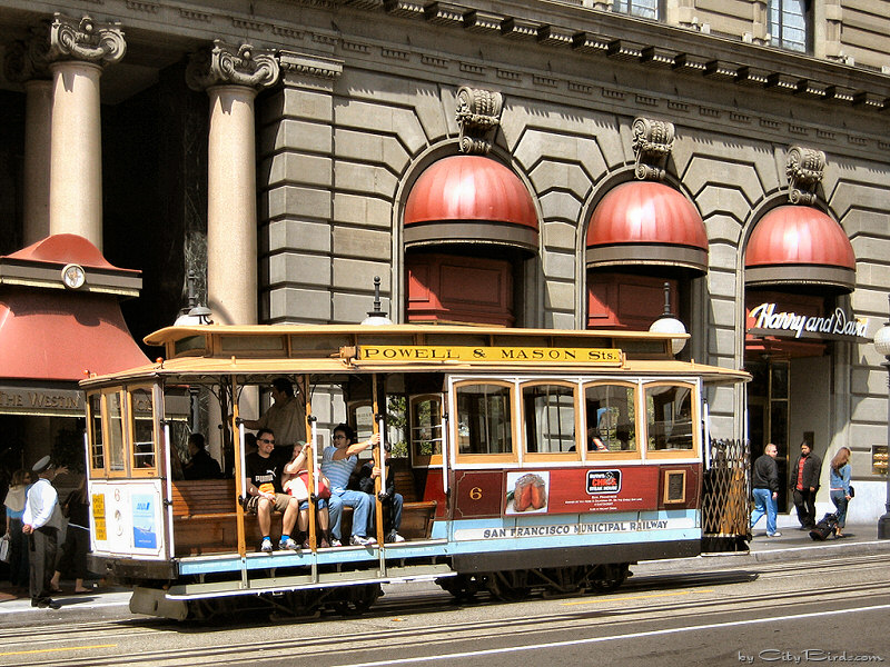 A cable car going down Powell Street, San Francisco