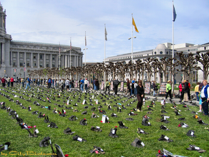 Empty Boots Iraq War Memorial, San Francisco.  A City Birds digital photo.