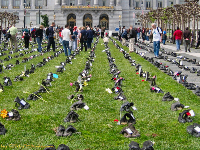 Empty Boots Iraq War Memorial, San Francisco.  A City Birds digital photo.
