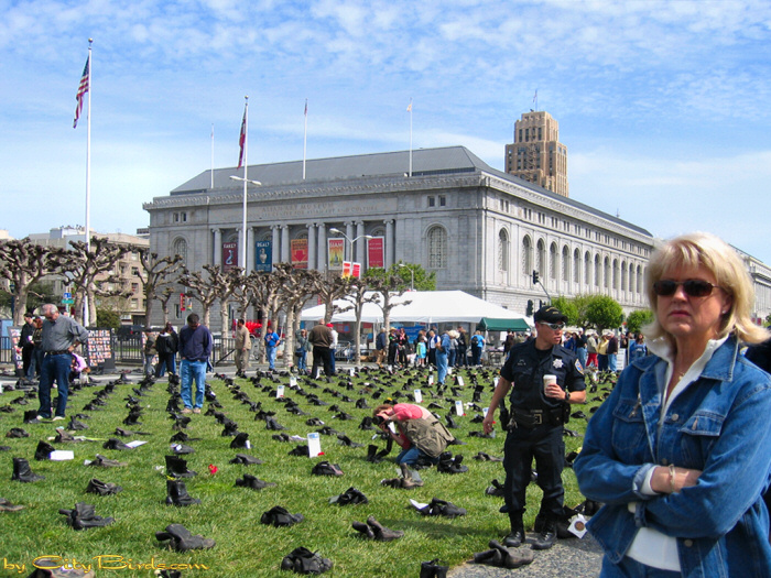 Empty Boots Iraq War Memorial, San Francisco.  A City Birds digital photo.