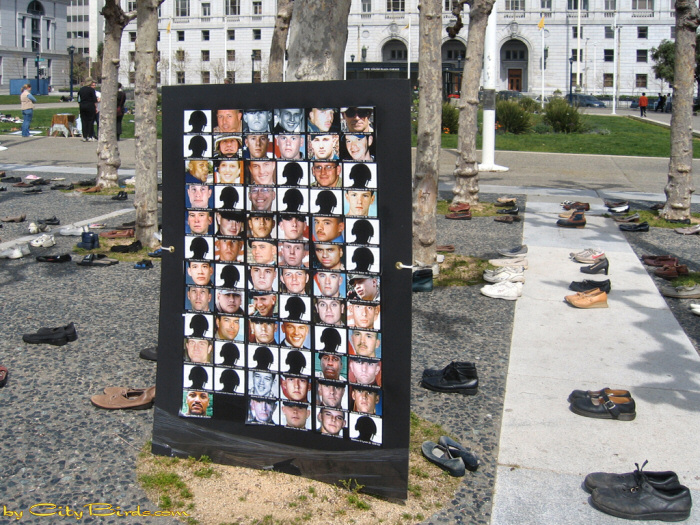 Empty Boots Iraq War Memorial, San Francisco.  A City Birds digital photo.